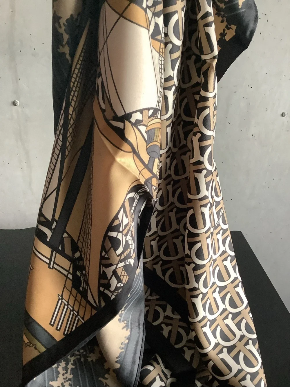 Oversized 35x35 Satin Scarf Sailing Ship Nautical Print Black Beige NWOT